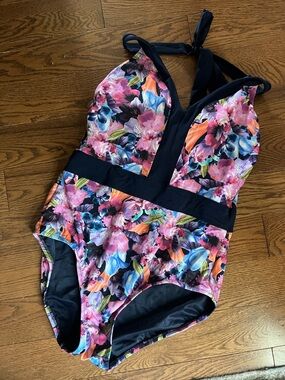 Floral One-Piece Women’s Halter Swimsuit with Navy Accents